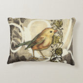 ヴィンテージの背景の黄色および緑の鳥 アクセントクッション (裏面)
