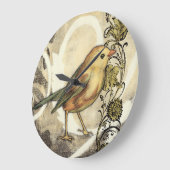 ヴィンテージの背景の黄色および緑の鳥 ラージ壁時計 (傾斜)