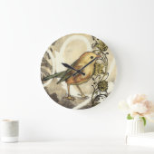 ヴィンテージの背景の黄色および緑の鳥 ラージ壁時計 (ホーム)