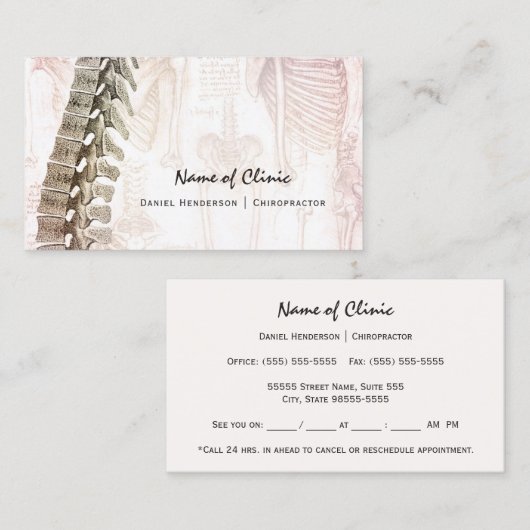 ヴィンテージの脊柱のカイロプラクターのアポイントメントのメモ 予約カード (正面/裏面)