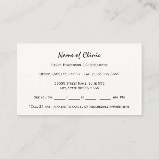 ヴィンテージの脊柱のカイロプラクターのアポイントメントのメモ 予約カード (裏面)