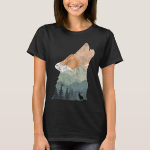 ヴィンテージの自然デザインにオオカミのシルエット Tシャツ