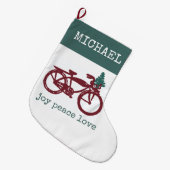 ヴィンテージの自転車およびクリスマスツリーのデザイン ラージクリスマスストッキング (正面 (吊り時))