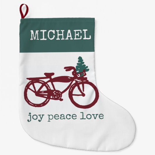 ヴィンテージの自転車およびクリスマスツリーのデザイン ラージクリスマスストッキング (正面)