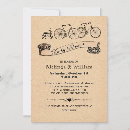 ヴィンテージの自転車のベビーシャワーの招待状 招待状 (正面)