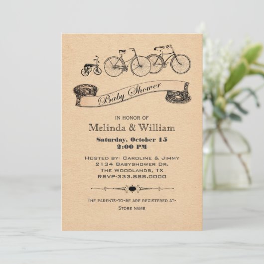 ヴィンテージの自転車のベビーシャワーの招待状 招待状 (スタンド正面)