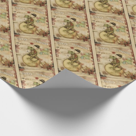 ヴィンテージの自転車のメリーで小さいクリスマスのカエル ラッピングペーパー (角)