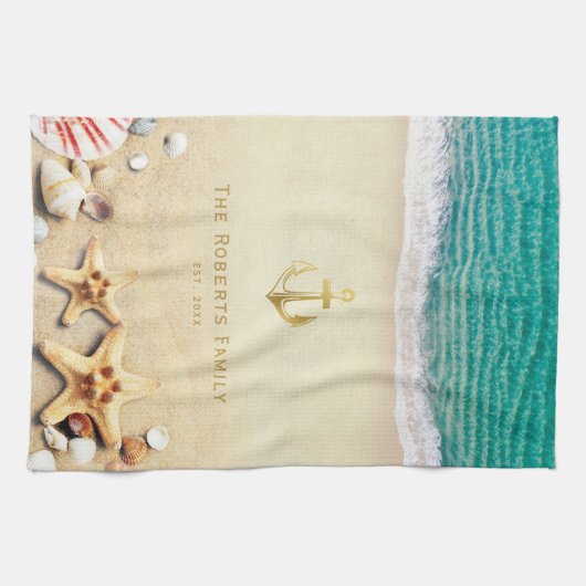 ヴィンテージの航海のなビーチによって確立される家族 キッチンタオル (横)