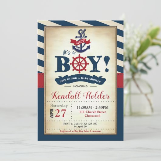 ヴィンテージの航海のなベビーシャワーの招待状の男の子 招待状 (スタンド正面)