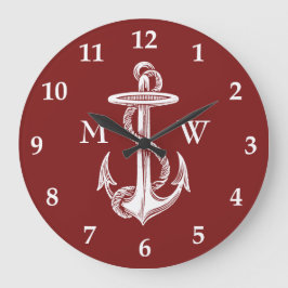ヴィンテージの航海のな白いいかりロープのワインレッド ラージ壁時計