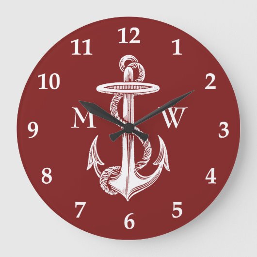 ヴィンテージの航海のな白いいかりロープのワインレッド ラージ壁時計 (正面)