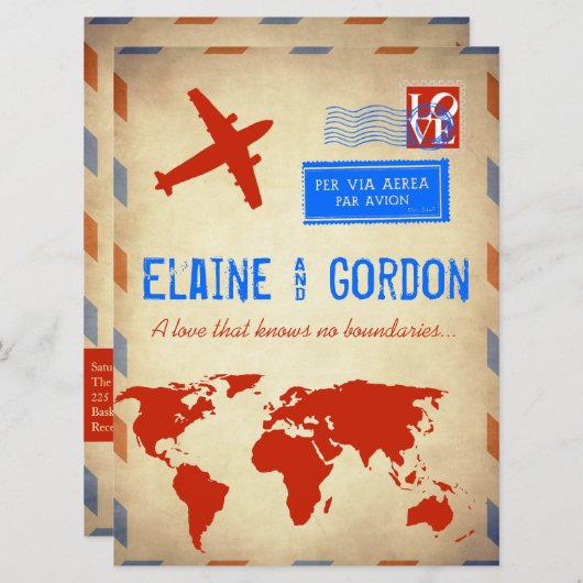 ヴィンテージの航空便の結婚式招待状: 動揺して 招待状 (正面/裏面)