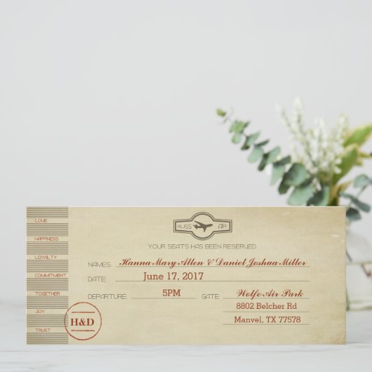 ヴィンテージの航空券の結婚式招待状カード 招待状 (スタンド正面)