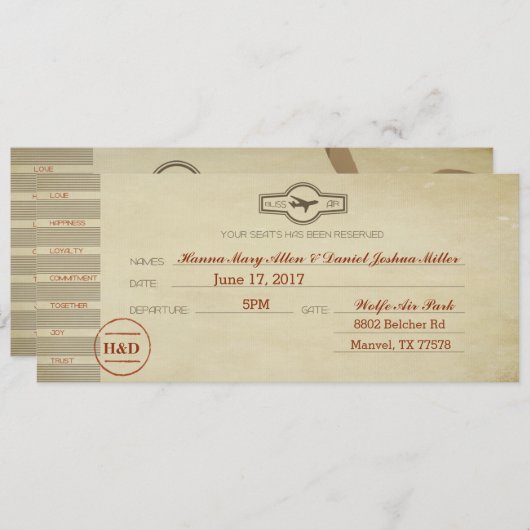 ヴィンテージの航空券の結婚式招待状カード 招待状 (正面/裏面)