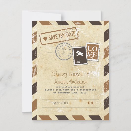 ヴィンテージの航空郵便の招待状カード セーブザデート (正面)