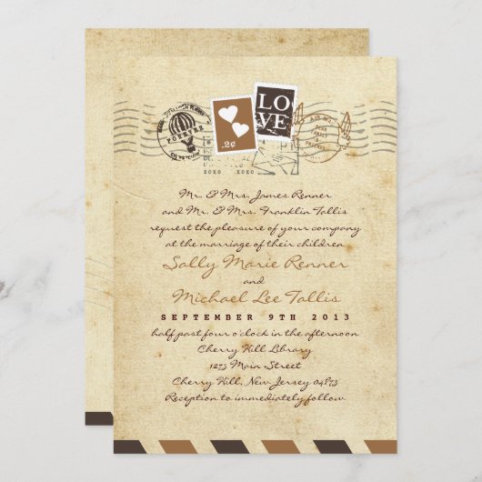 ヴィンテージの航空郵便はラブレターの招待状を押します 招待状 (正面/裏面)