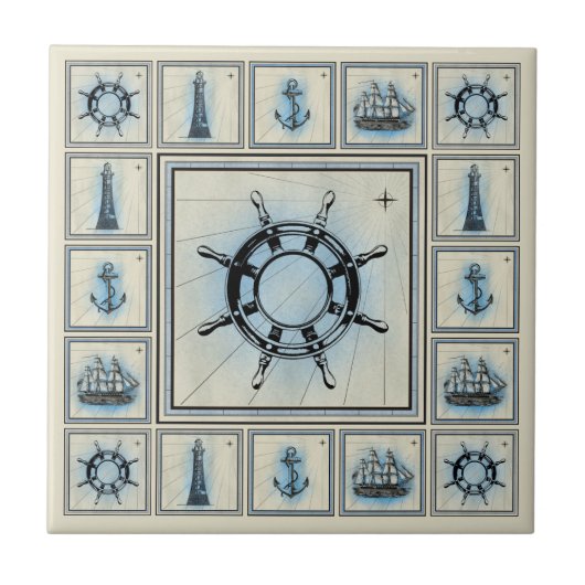 ヴィンテージの船の車輪のコラージュ タイル (正面)
