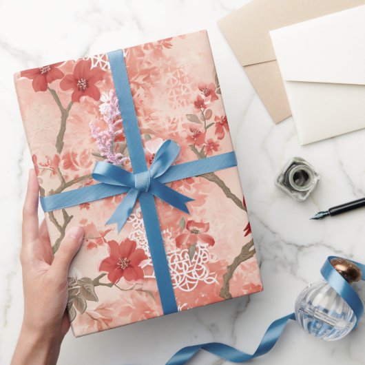 ヴィンテージの色が鮮やかなアジアの赤ピンクの白い花 ラッピングペーパー (ギフト)