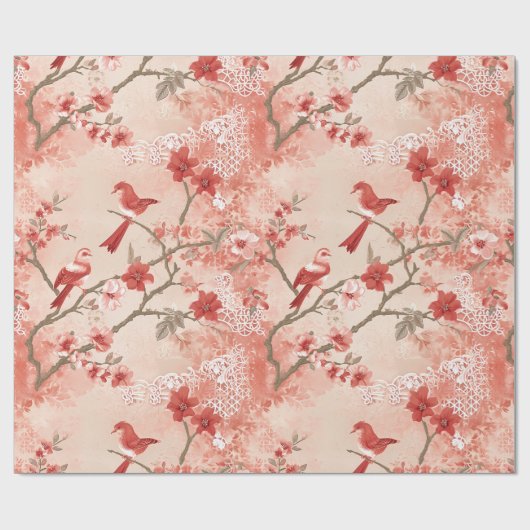 ヴィンテージの色が鮮やかなアジアの赤ピンクの白い花 ラッピングペーパー (フラット)