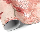 ヴィンテージの色が鮮やかなアジアの赤ピンクの白い花 ラッピングペーパー (ロールコーナー)