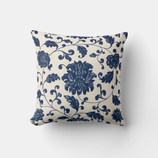 ヴィンテージの色の青い白いパターンのフローラ クッション (正面)