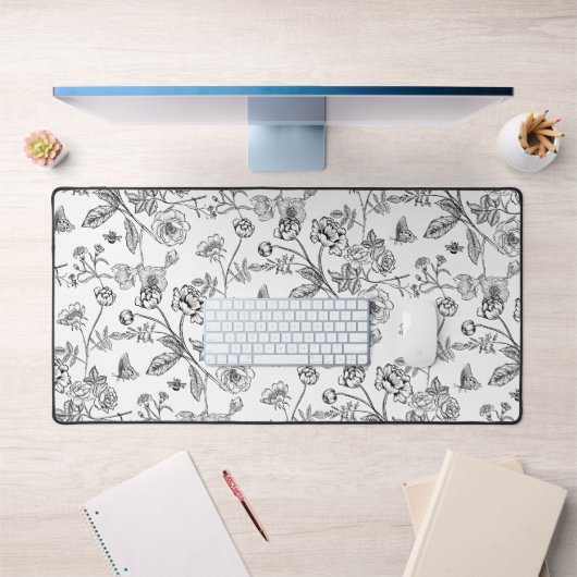 ヴィンテージの色の黒いフローラルパターン デスクマット (オフィス1)