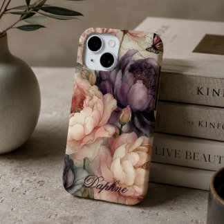 ヴィンテージの芍薬 ピンクとパープルのデザインがおしゃれな  iPhone 15ケース
