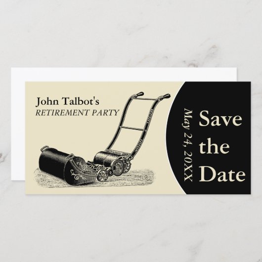 ヴィンテージの芝刈り機の退職パーティーの保存日付2 セーブザデート (正面/裏面)