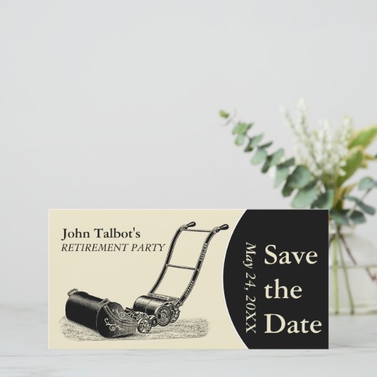 ヴィンテージの芝刈り機の退職パーティーの保存日付2 セーブザデート (スタンド正面)