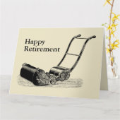 ヴィンテージの芝刈機の幸せな退職の大きい挨拶 カード (黄色い花)