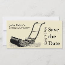 ヴィンテージの芝刈機の退職パーティーの保存日付