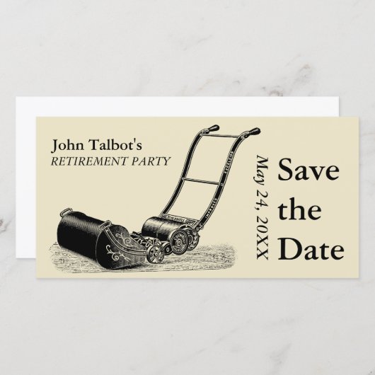 ヴィンテージの芝刈機の退職パーティーの保存日付 セーブザデート (正面/裏面)