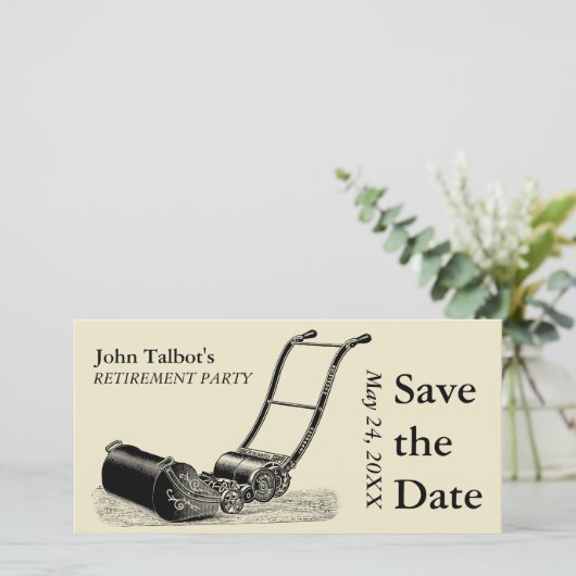 ヴィンテージの芝刈機の退職パーティーの保存日付 セーブザデート (スタンド正面)