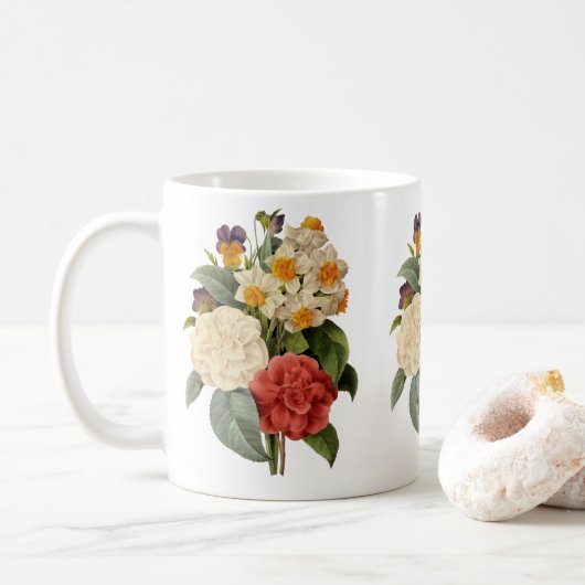 ヴィンテージの花々、椿と水仙、ルドゥーテ コーヒーマグカップ (ドーナツ)