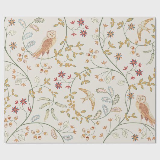 ヴィンテージの花が継ぎ目のない形をした葉の鳥 ラッピングペーパー (フラット)