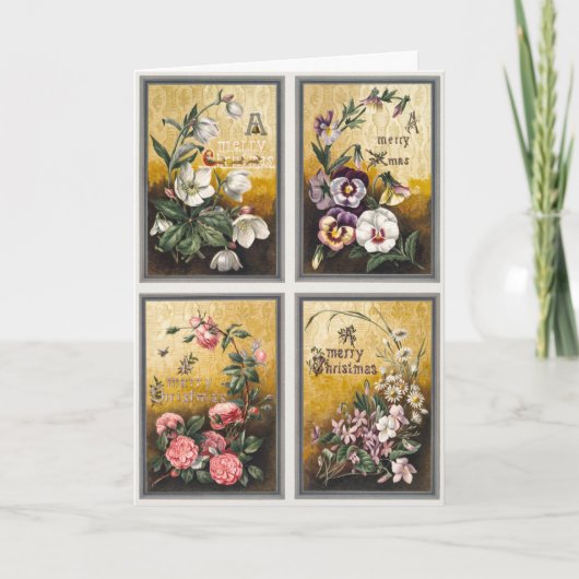 ヴィンテージの花とスレッドを引くトナカイ (1865–1899) シーズンカード (正面)