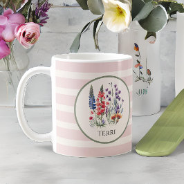 ヴィンテージの花と名前のほこりっぽいピンクのストライプ花 コーヒーマグカップ