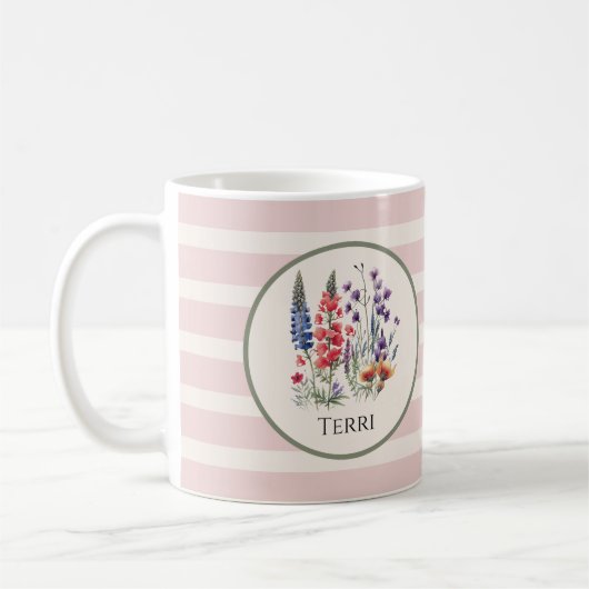 ヴィンテージの花と名前のほこりっぽいピンクのストライプ花 コーヒーマグカップ (左)