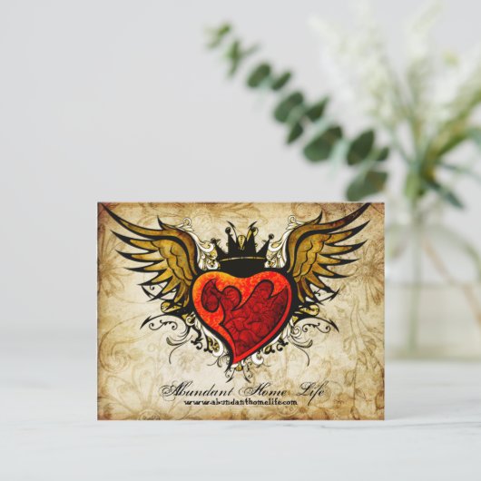 ヴィンテージの花と翼ハートタトゥーポストカード ポストカード (スタンド正面)