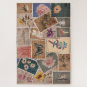ヴィンテージの花と自然切手コラージュ ジグソーパズル (縦)