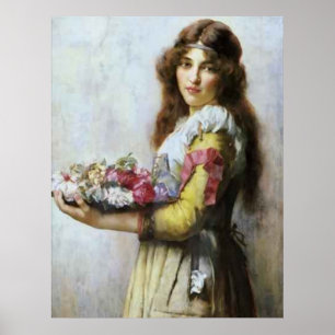ヴィンテージの花と若い女性の油絵。 ポスター