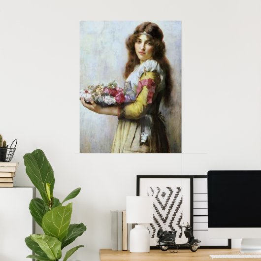 ヴィンテージの花と若い女性の油絵。 ポスター (ホームオフィス)