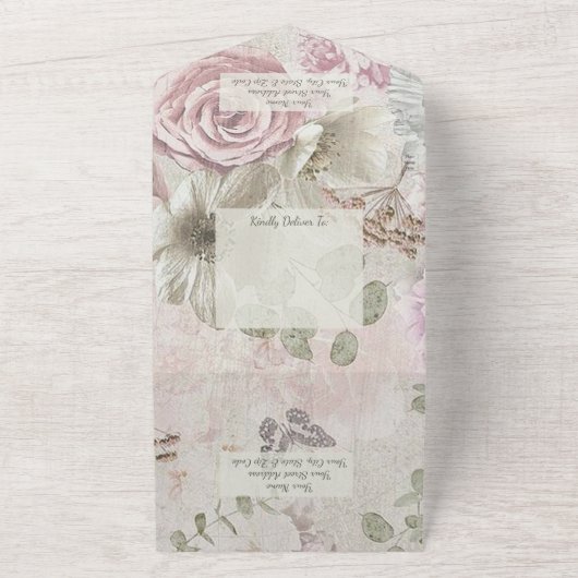 ヴィンテージの花と蝶とQRコード オールインワン招待状 (外側)