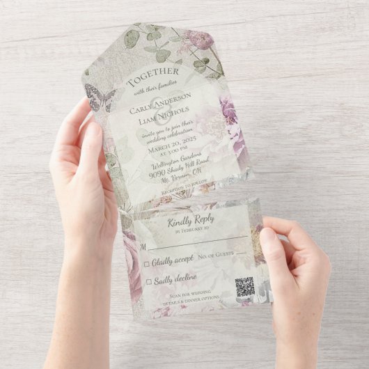 ヴィンテージの花と蝶とQRコード オールインワン招待状 (貼ってはがせる)