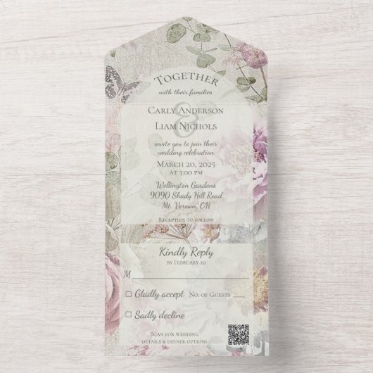ヴィンテージの花と蝶とQRコード オールインワン招待状 (内側)