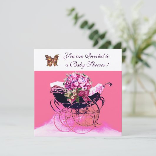 ヴィンテージの花と蝶の赤ちゃんシャワー 招待状 (スタンド正面)