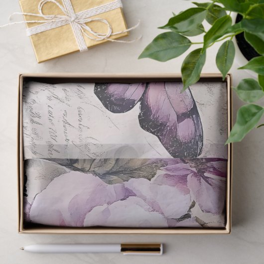 ヴィンテージの花と蝶ピンクと紫のダページ 薄葉紙 (ギフト)