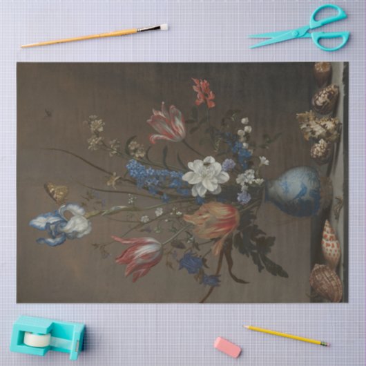 ヴィンテージの花と貝殻はまだ生きている絵画の 薄葉紙 (クラフト)