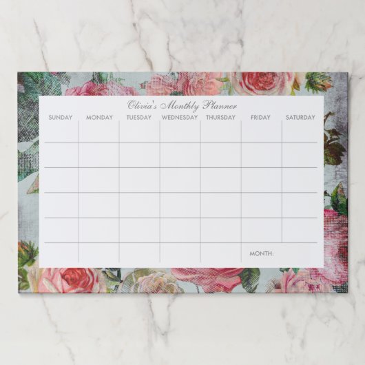 ヴィンテージの花のカスタムなデスクパッドの月例カレンダー ペーパーパッド (正面)