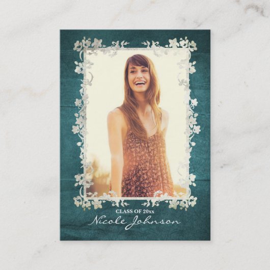 ヴィンテージの花のティール(緑がかった色)の青い先輩Repのマーケティング コーリングカード (正面)